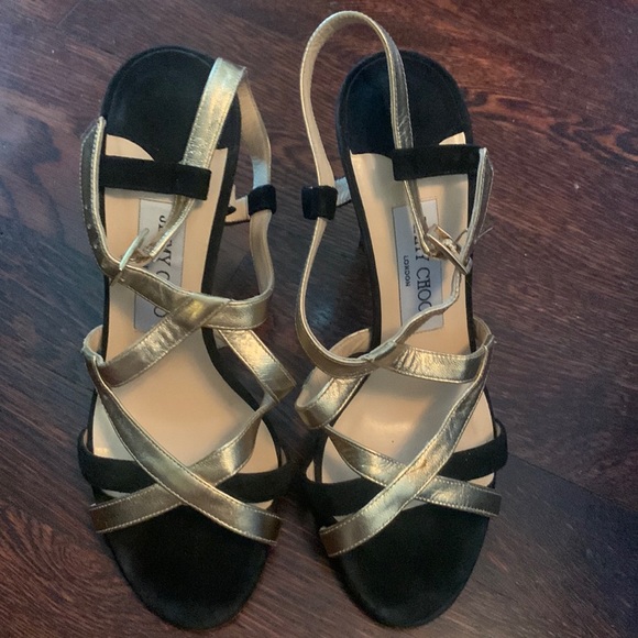 Jimmy Choo size 37 1/2 black suede and gold shoes - Picture 1 of 8